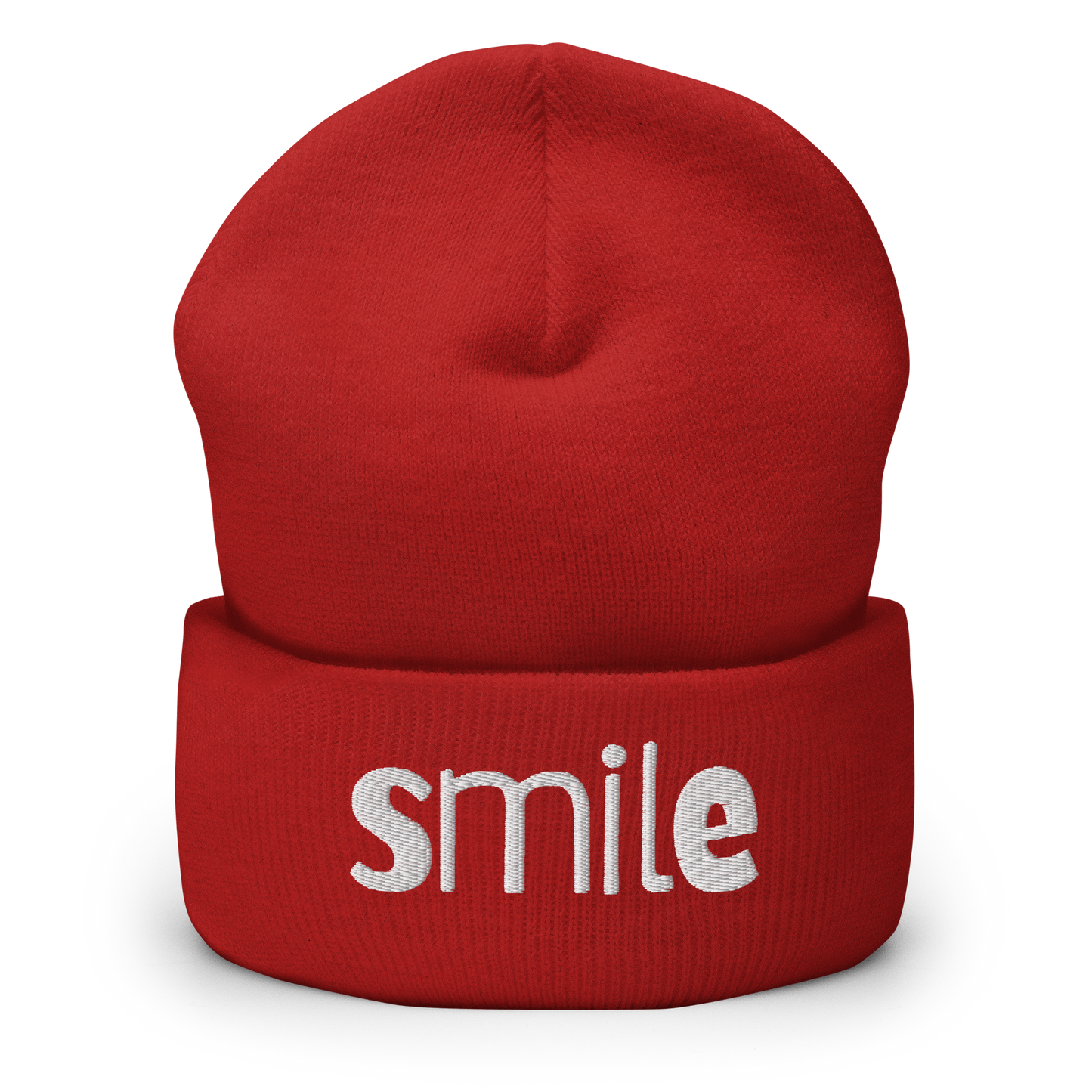 Rotes Beanie mit smile Schriftzug bestickt