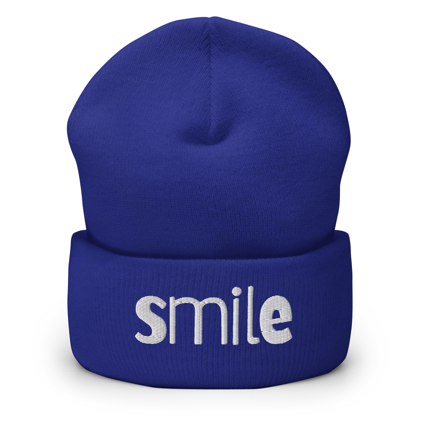 Blaues Beanie mit smile Schriftzug bestickt