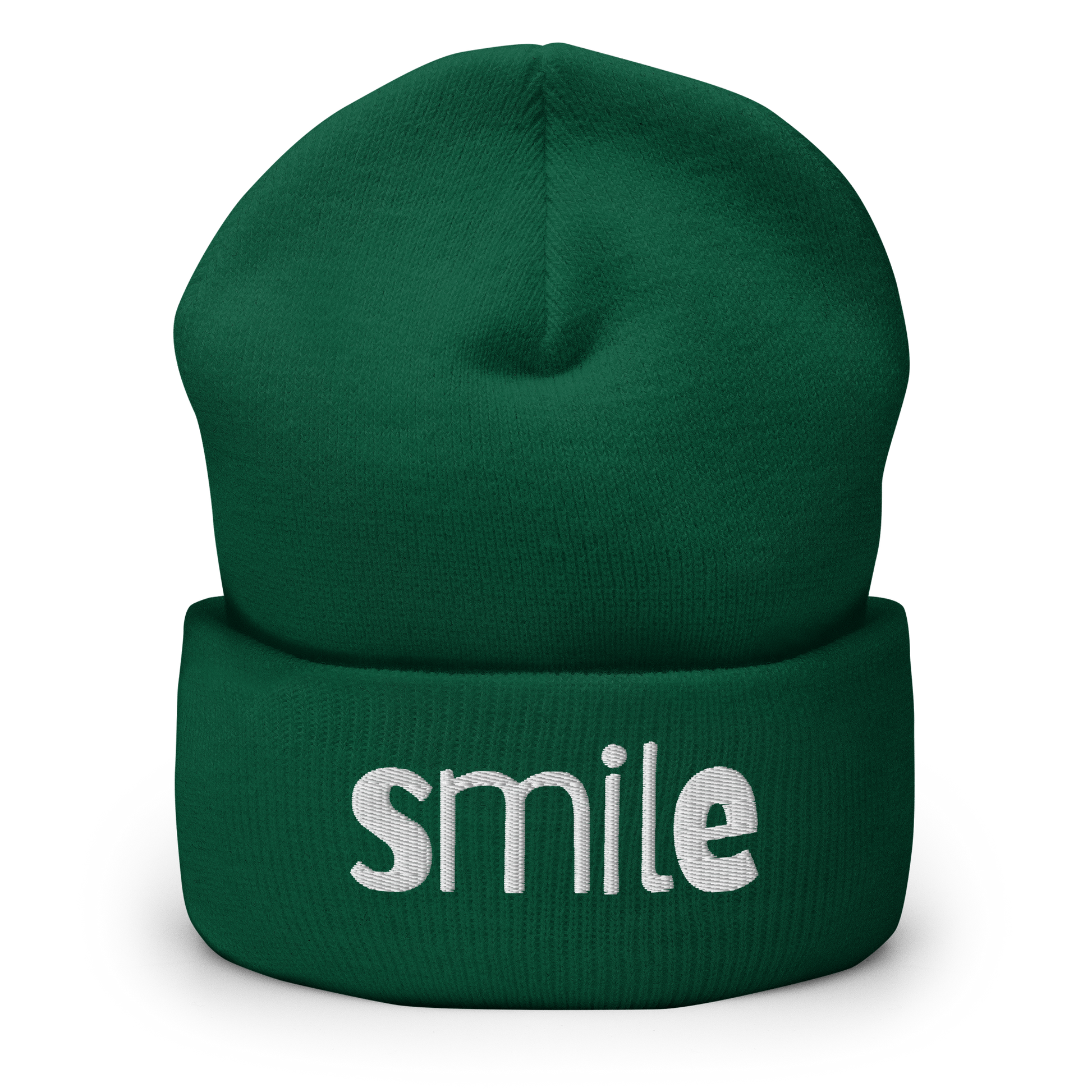 Waldgrünes Beanie mit smile Schriftzug bestickt