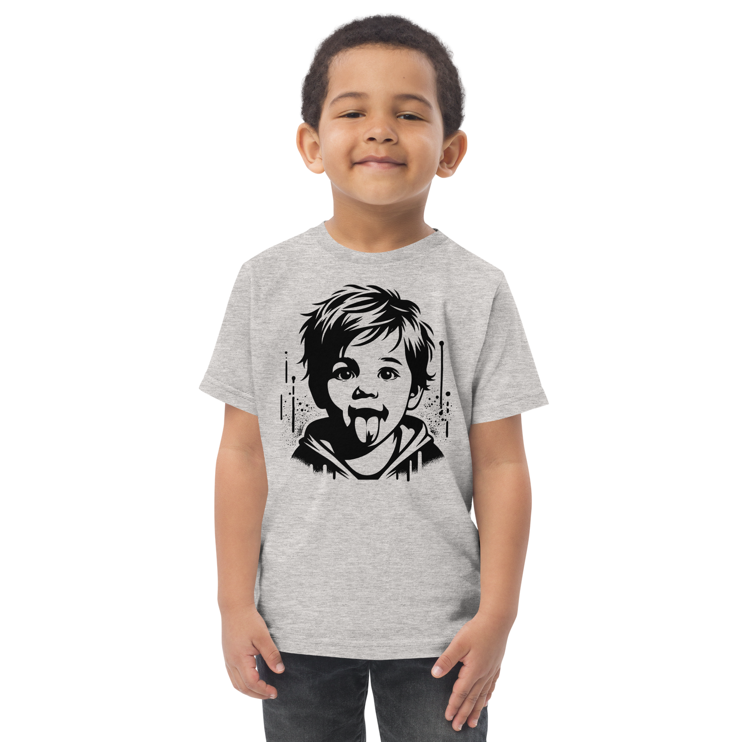 Junge trägt graues Kinder T-Shirt mit Junge der Zunge herausstreckt Stencil Print