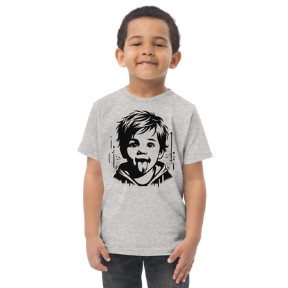 Junge trägt graues Kinder T-Shirt mit Junge der Zunge herausstreckt Stencil Print