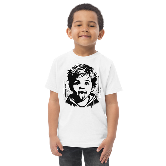 Junge trägt weißes Kinder T-Shirt mit Junge der Zunge herausstreckt Stencil Print