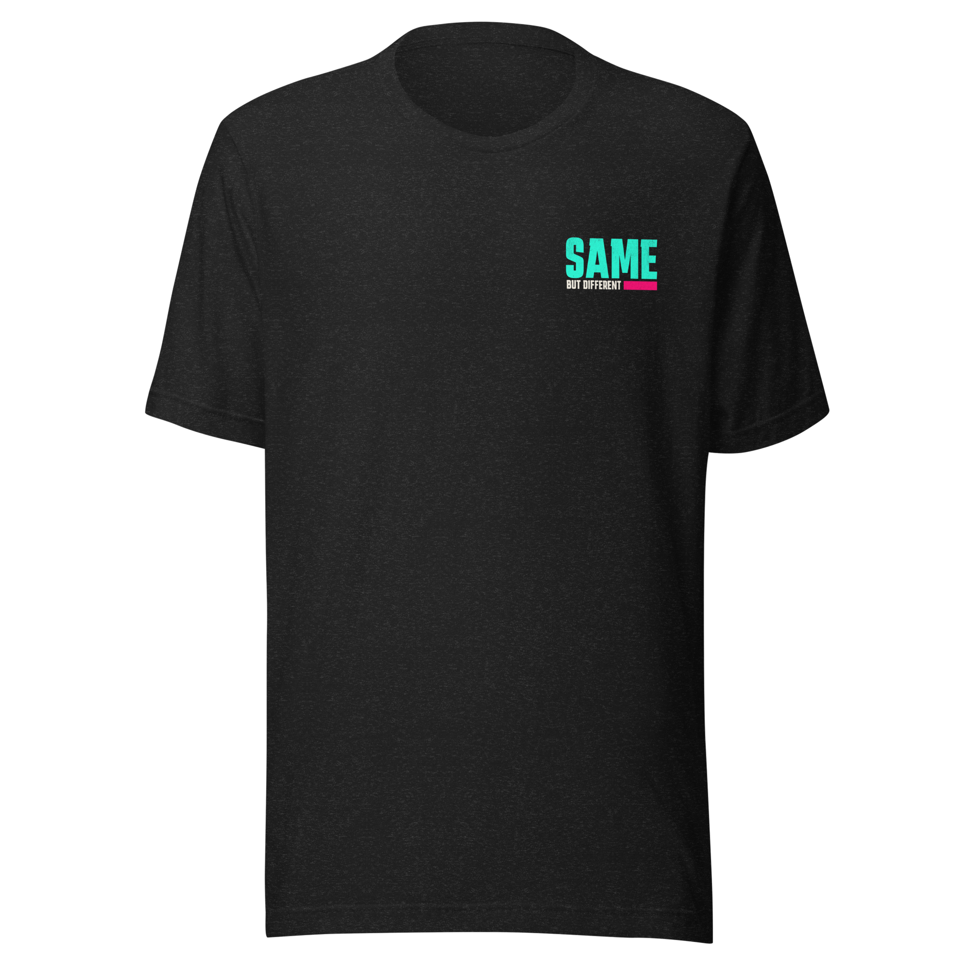 Heather schwarzes Partnerlook Unisex T-Shirt mit türkisem SAME but different Schriftzug